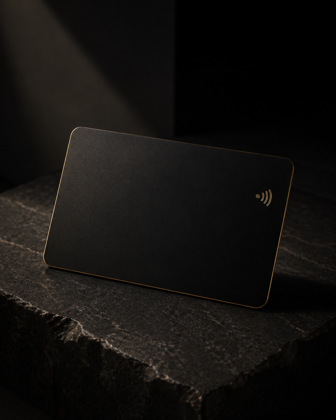 Matte black NFC business card with a gold edge