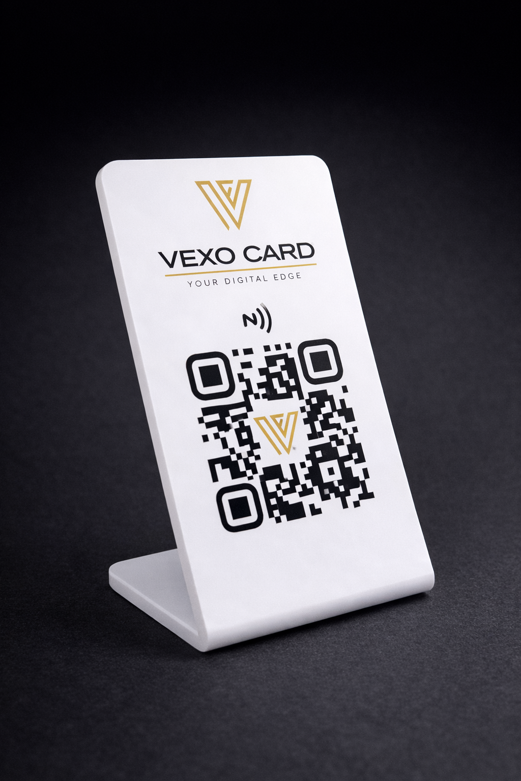 White VEXO QR and NFC countertop stand
