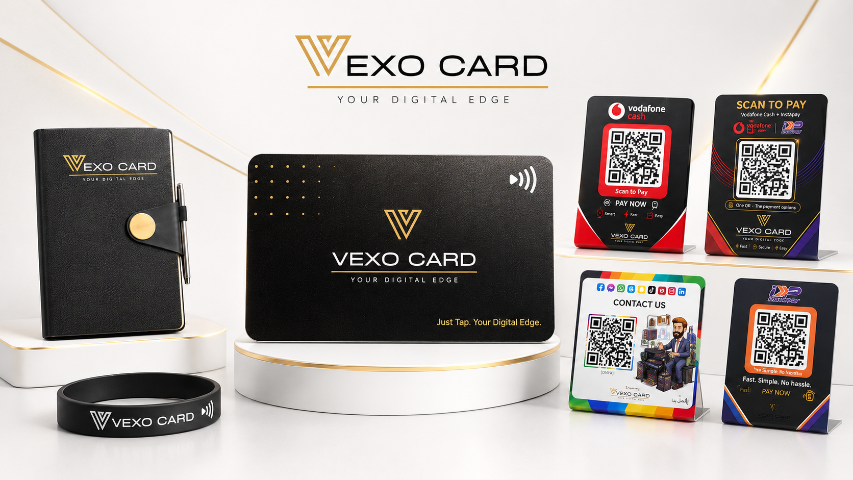 VEXO notebook, black NFC card, contact and payment stands, and wristband in a light display